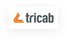 Logo with an orange angular symbol and the text "tricab" in gray on a white and gray background.