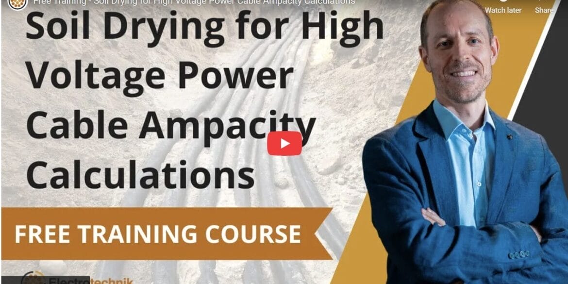 Man in a suit stands in front of a banner promoting a free training course on soil drying for high voltage power cable ampacity calculations.