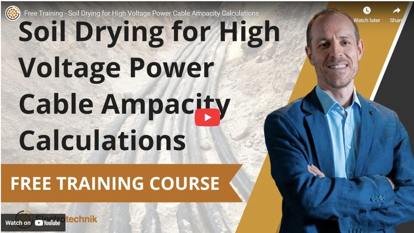 Man in a suit stands in front of a banner promoting a free training course on soil drying for high voltage power cable ampacity calculations.