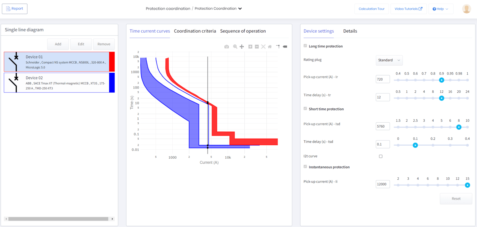 Screenshot of a protection coordination interface showing a single-line diagram, time-current curves graph, and adjustable device protection settings and details on the right. Screenshot of a protection coordination interface showing a single-line diagram, time-current curves graph, and adjustable device protection settings and details on the right.