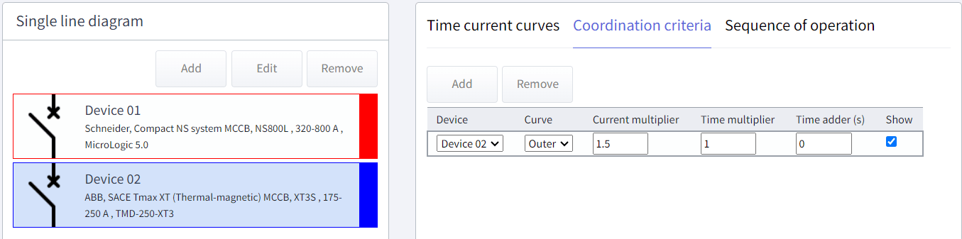 Screenshot of a power management interface showing two listed devices and a coordination criteria tab with adjustable settings for device trip coordination. Screenshot of a power management interface showing two listed devices and a coordination criteria tab with adjustable settings for device trip coordination.