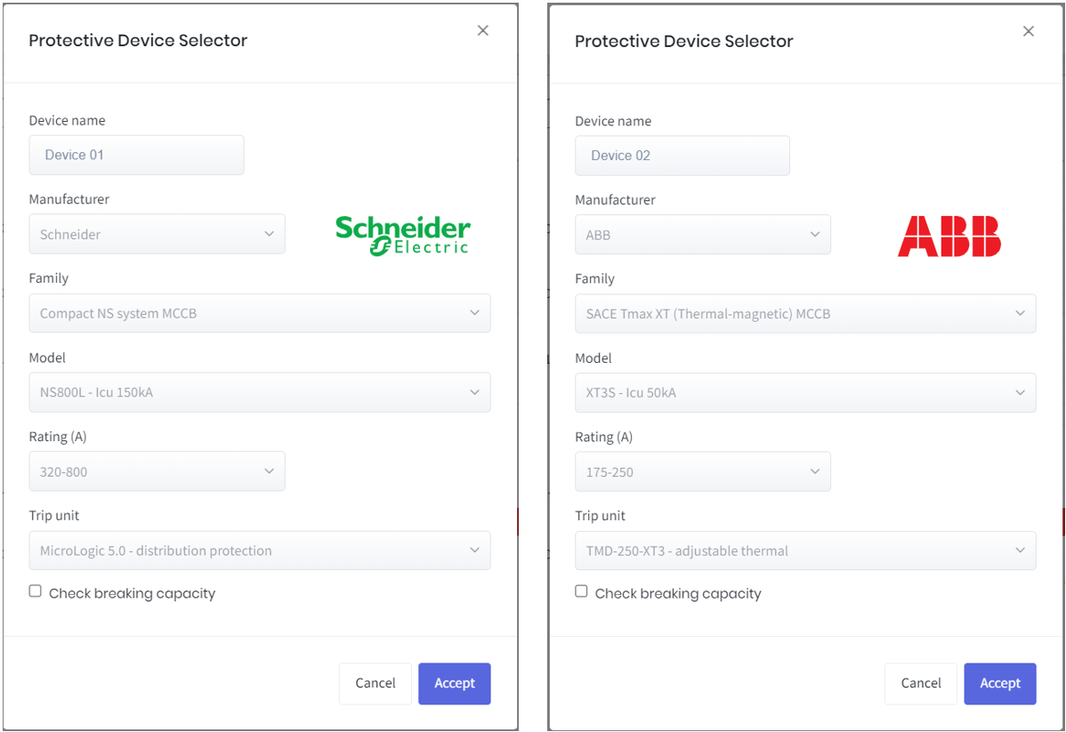 Two side-by-side forms labeled "Protective Device Selector" display device selection fields, manufacturer logos (Schneider Electric and ABB), and various dropdown and input options.