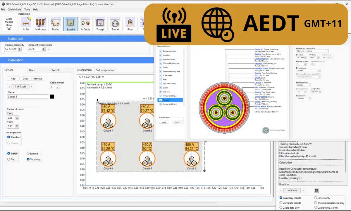 Screenshot of electrical cable calculation software with a video overlay labeled "LIVE AEDT GMT+11" showing technical diagrams and data tables.