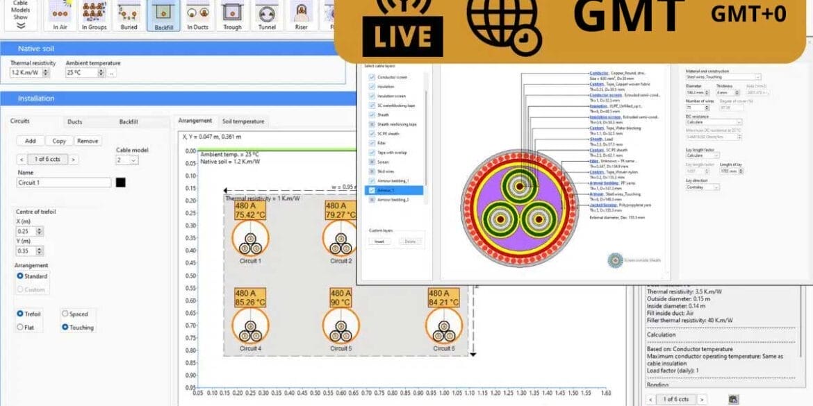 Screenshot of electrical cable design software interface showing cable layout, temperature settings, calculations, and a GMT+0 live broadcast banner overlay at the top right.