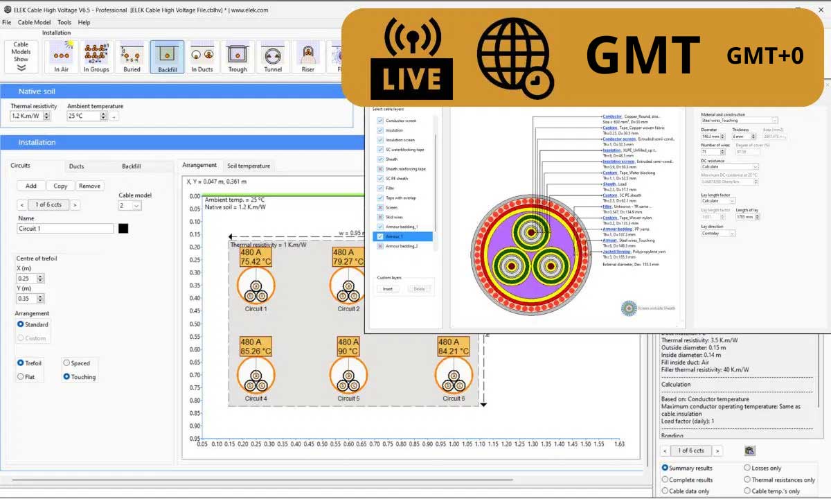 Screenshot of electrical cable design software interface showing cable layout, temperature settings, calculations, and a GMT+0 live broadcast banner overlay at the top right.