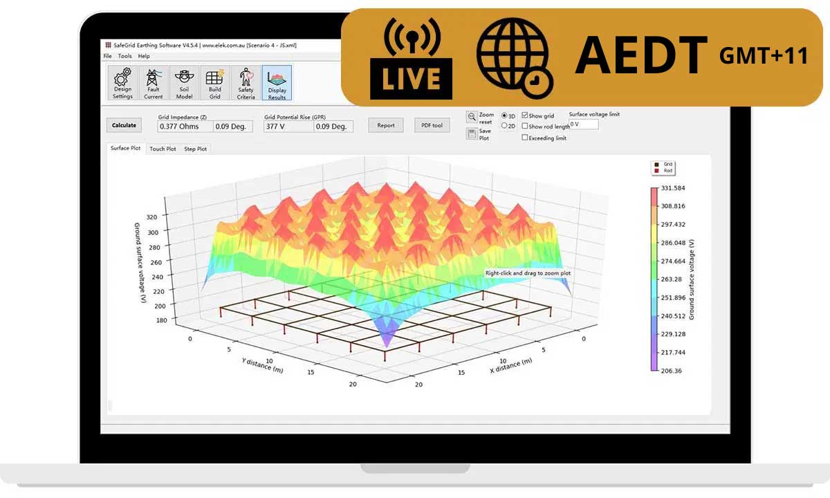 Laptop screen displaying a 3D surface plot in scientific software, with a “LIVE” notice and “AEDT GMT+11” time zone banner overlay at the top right.