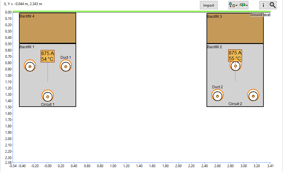 Diagram showing two separate circuits, each with a Bacdill unit and ducts, displaying current (875 A) and temperature (54°C and 55°C) values under ground level.