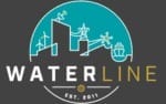 Logo with stylized cityscape, wind turbines, power lines, and water tower above the words "WATERLINE EST. 2015" on a teal and gray background.