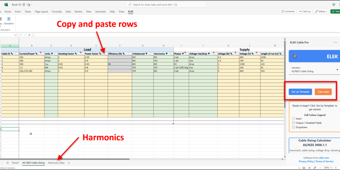 A spreadsheet with highlighted rows and columns, featuring instructions to copy and paste rows and a section labeled Harmonics. An ELEK cable sizing calculator panel is open on the right.