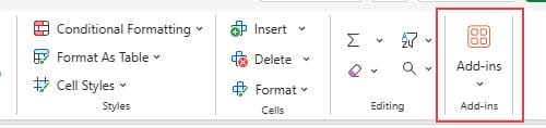 Screenshot of the Excel toolbar showing options for Conditional Formatting, Format as Table, Cell Styles, Insert, Delete, Format, and Add-ins.
