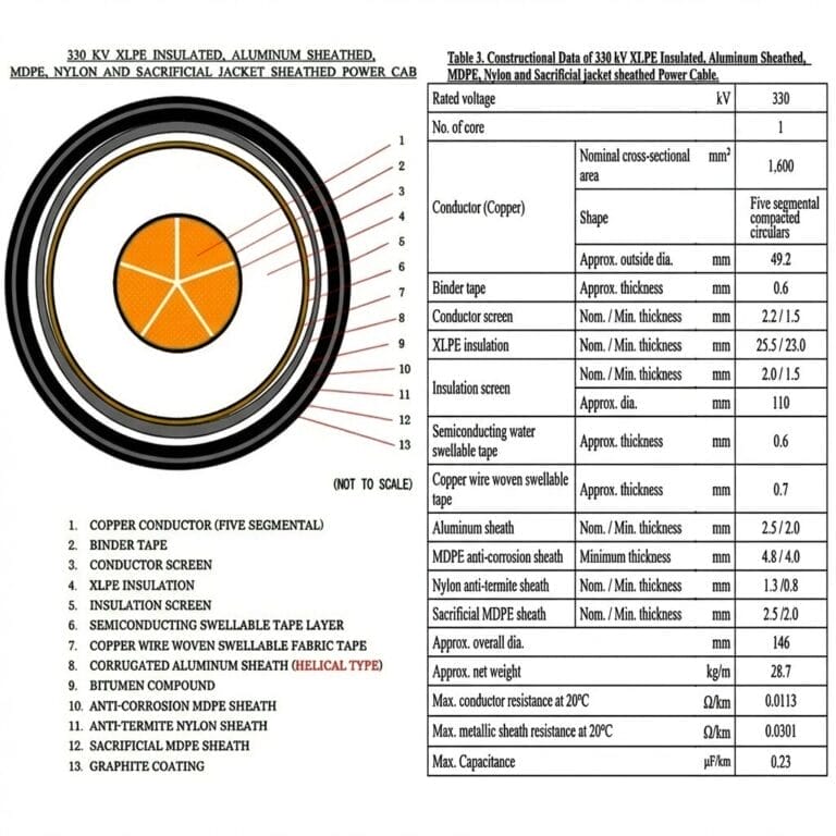 Cross-section diagram of a 330 kV XLPE insulated power cable with labeled layers and a table listing constructional details and specifications.