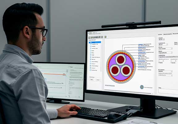 A man sits at a desk working on a computer displaying technical diagrams and data, with a second monitor showing additional information.