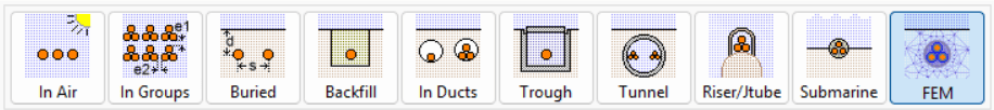 Diagram showing ten cable installation methods: In Air, In Groups, Buried, Backfill, In Ducts, Trough, Tunnel, Riser/Tube, Submarine, and FEM, each with a representative icon.