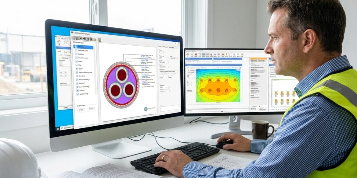 A man wearing a safety vest works at a desk with two computer monitors displaying engineering software and technical diagrams.
