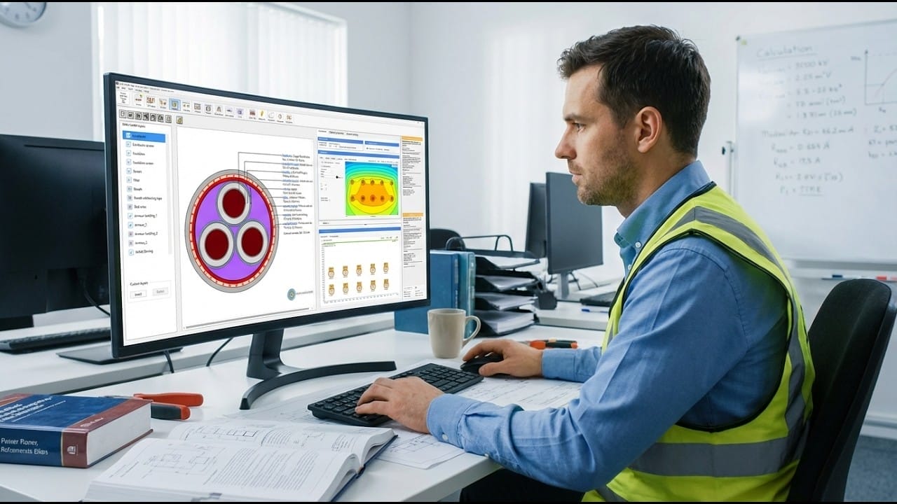 A man in a safety vest works at a desk, analyzing technical diagrams on a computer screen in an office with engineering documents and a whiteboard in the background.