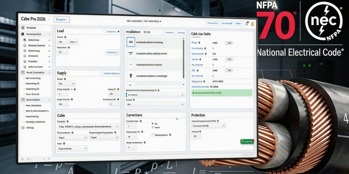 Screenshot of cable calculation software interface overlaid on an industrial electrical background, with NFPA 70 and National Electrical Code logos displayed on the right.
