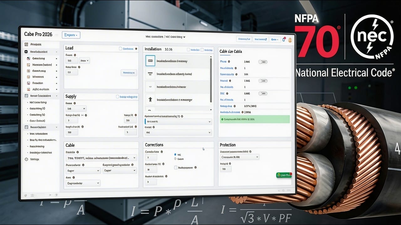 Screenshot of cable calculation software interface overlaid on an industrial electrical background, with NFPA 70 and National Electrical Code logos displayed on the right.