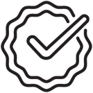 Contour noir d'un insigne aux bords ondulés, avec une coche au centre, symbolisant une approbation ou une certification, sur un fond clair.