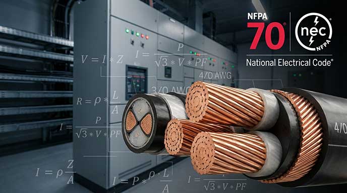 NEC cable sizing calculation example showing 4/0 AWG conductor selection with ampacity, voltage drop, and NFPA 70 electrical code reference