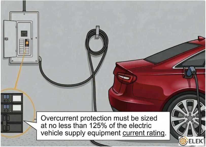 A red electric car charges at a wall-mounted charging station with a circuit breaker panel highlighted. Text advises overcurrent protection sized at least 125% of equipment current rating.