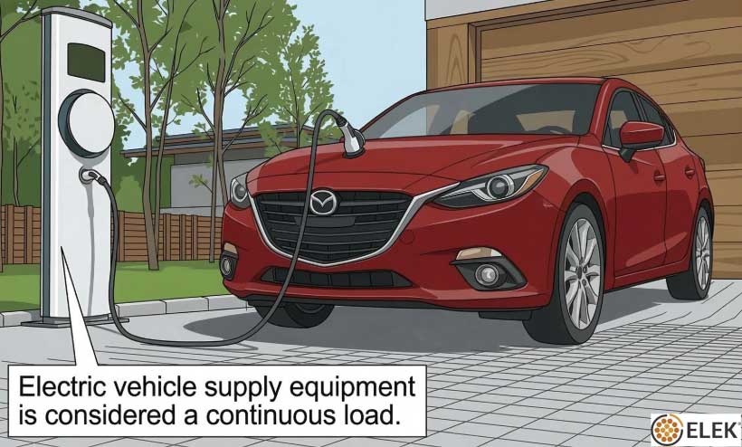 A red Mazda electric vehicle is charging at a home charging station. Text in the image states, "Electric vehicle supply equipment is considered a continuous load.