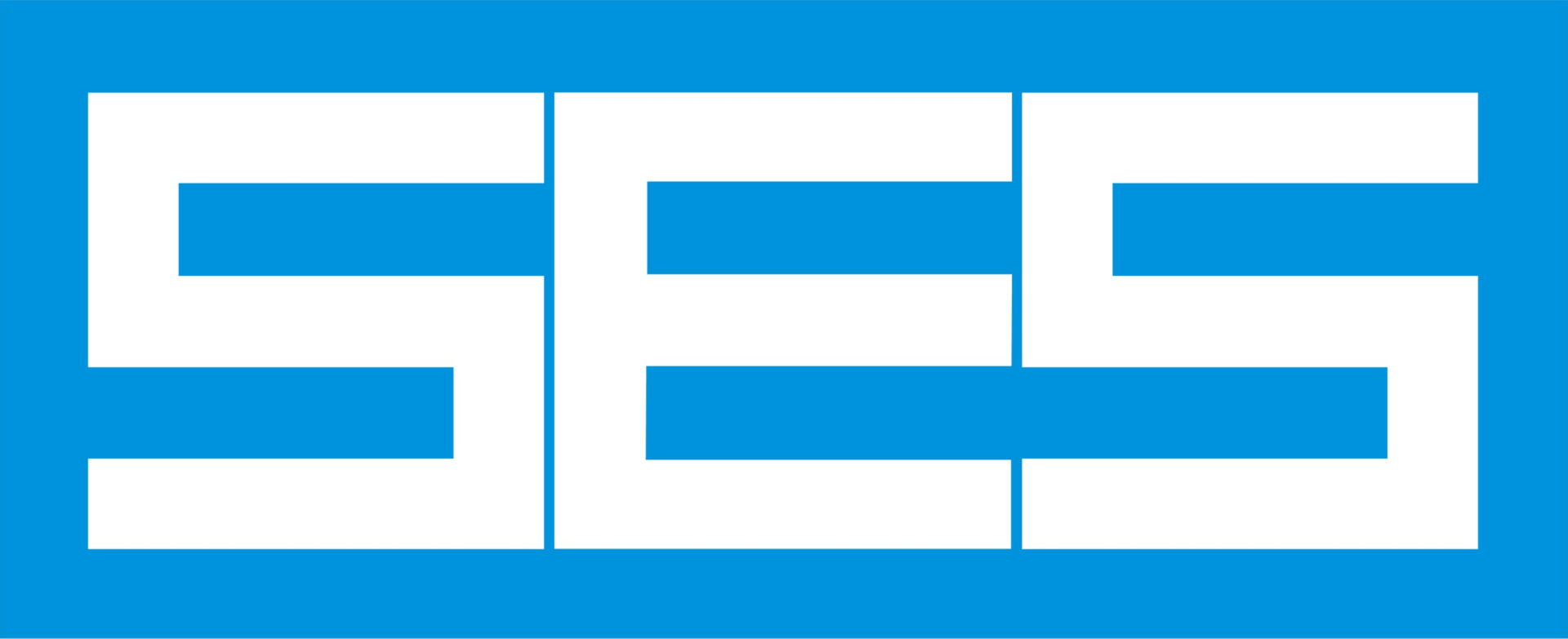 White block letters "SES" on a blue rectangular background, with the letters arranged in a geometric, interlocking style.