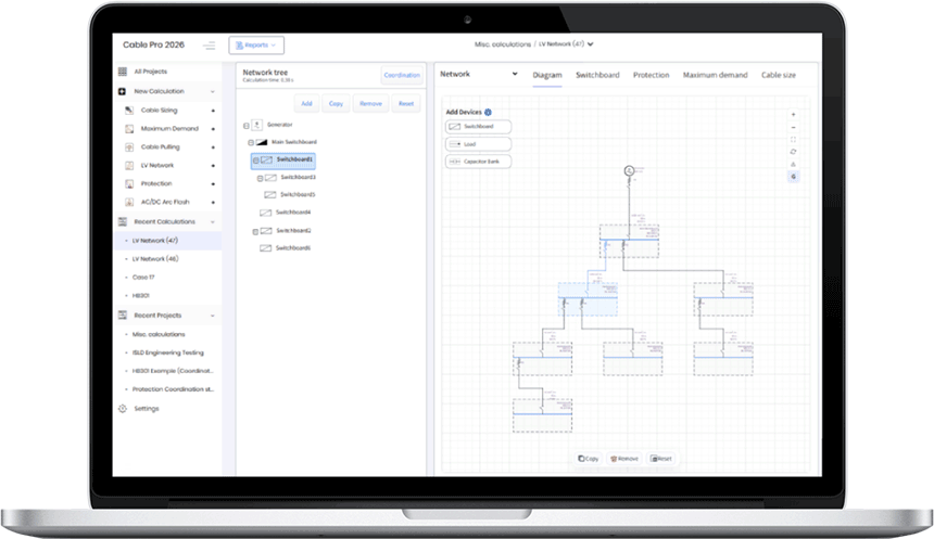 A laptop screen displays network design software with a navigation panel on the left and a diagram of a network tree on the right, featuring integrated tools like a cable sizing calculator.