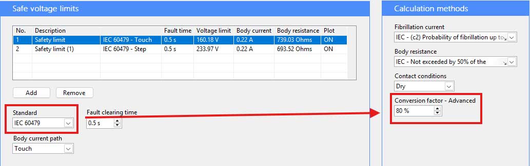 Screenshot of a software interface showing safe voltage limits and calculation methods, highlighting the standard IEC 60479 and an 80% advanced conversion factor selection.
