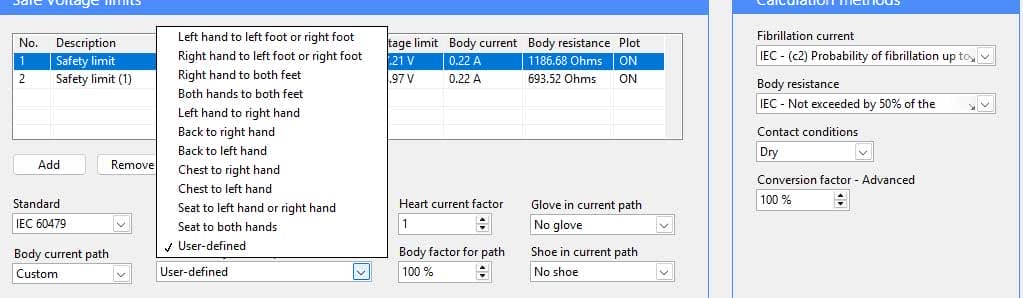 Screenshot of a software interface showing options for body current paths, standard selections, and calculation methods related to safe voltage limits. A dropdown menu for current paths is expanded.